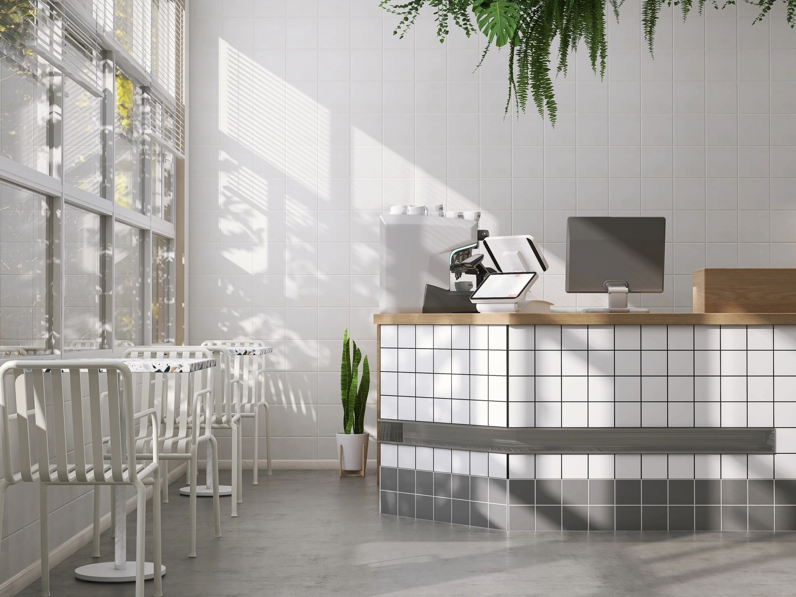 Elegant cafe interior with espresso bar and seating